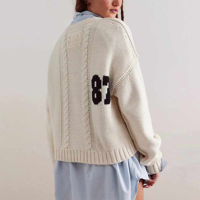 Digital contrasting knitted pullover loose long sleeved sweater