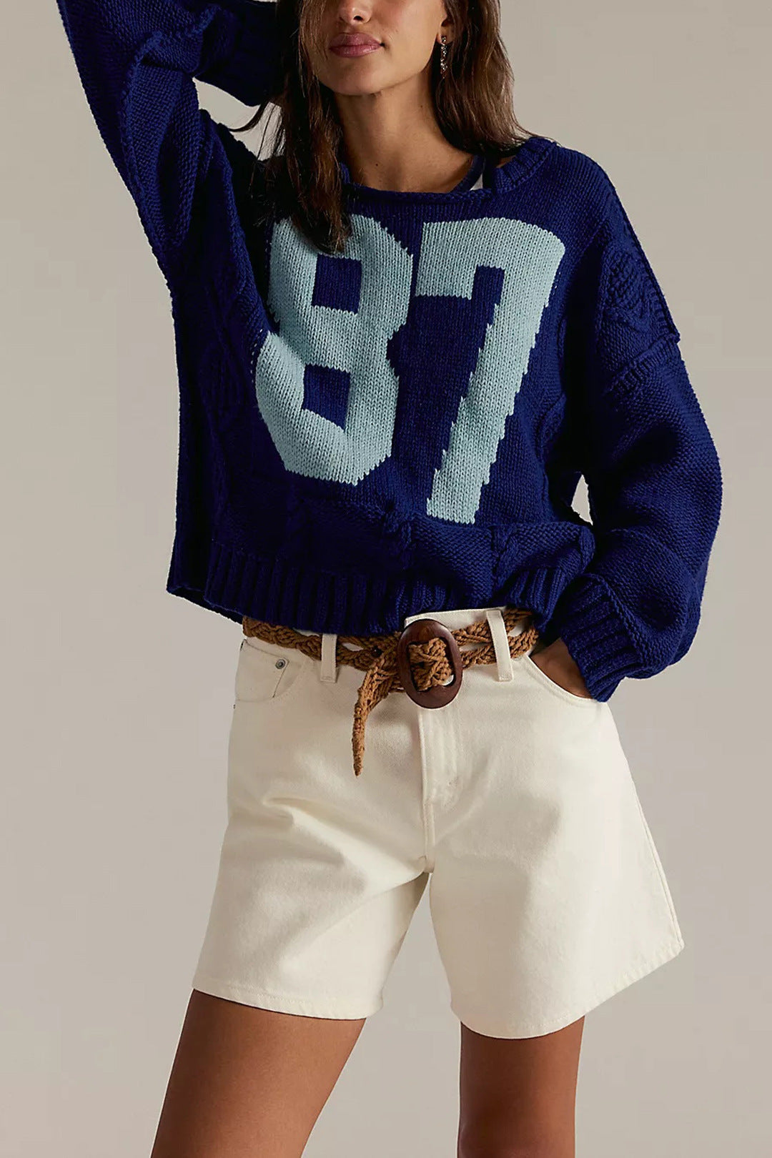 Digital contrasting knitted pullover loose long sleeved sweater