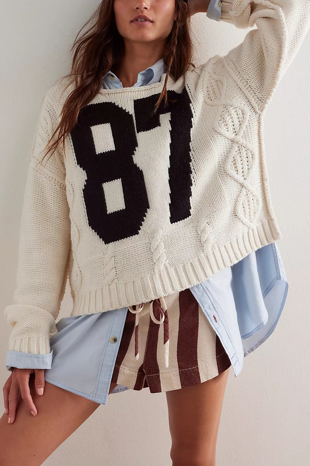 Digital contrasting knitted pullover loose long sleeved sweater