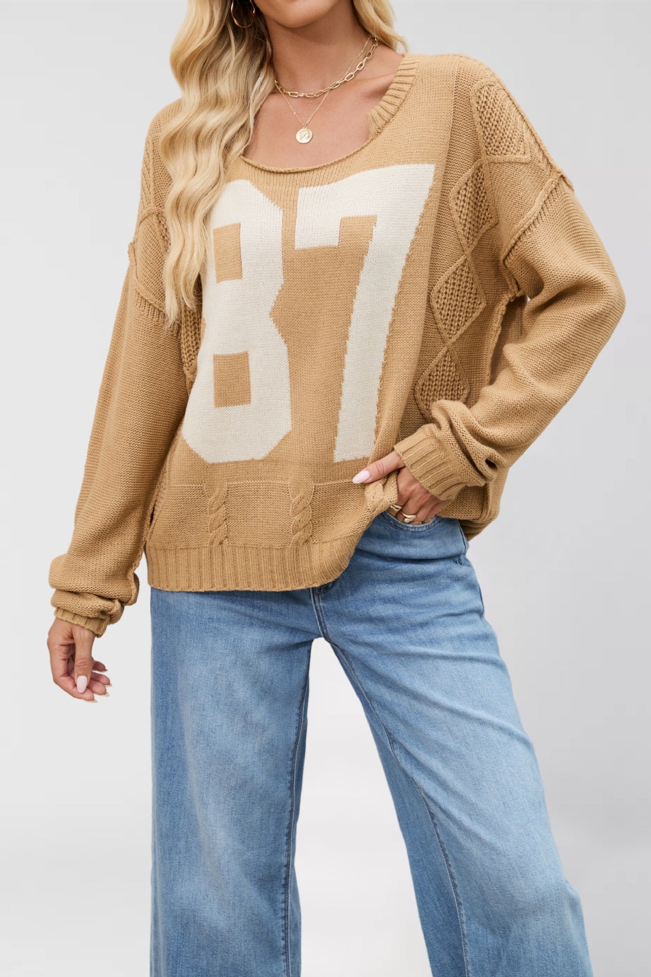 Digital contrasting knitted pullover loose long sleeved sweater