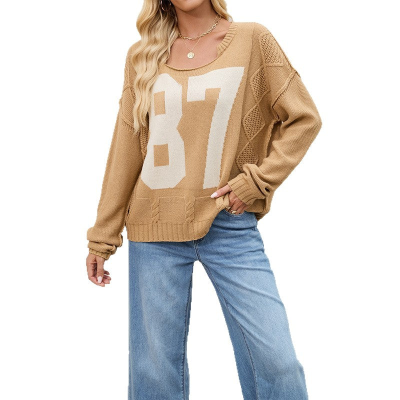 Digital contrasting knitted pullover loose long sleeved sweater