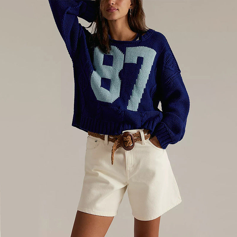 Digital contrasting knitted pullover loose long sleeved sweater