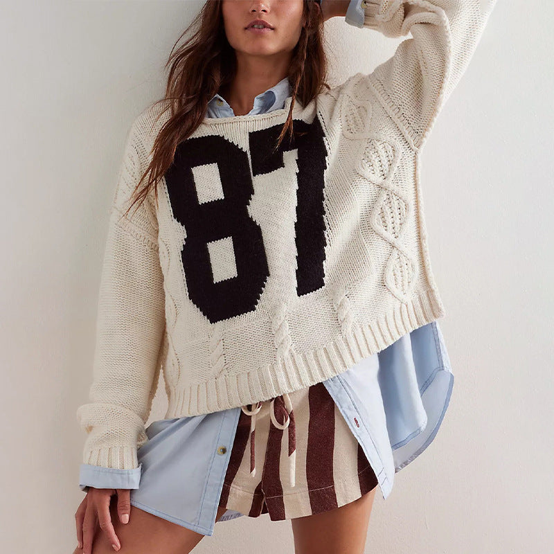 Digital contrasting knitted pullover loose long sleeved sweater